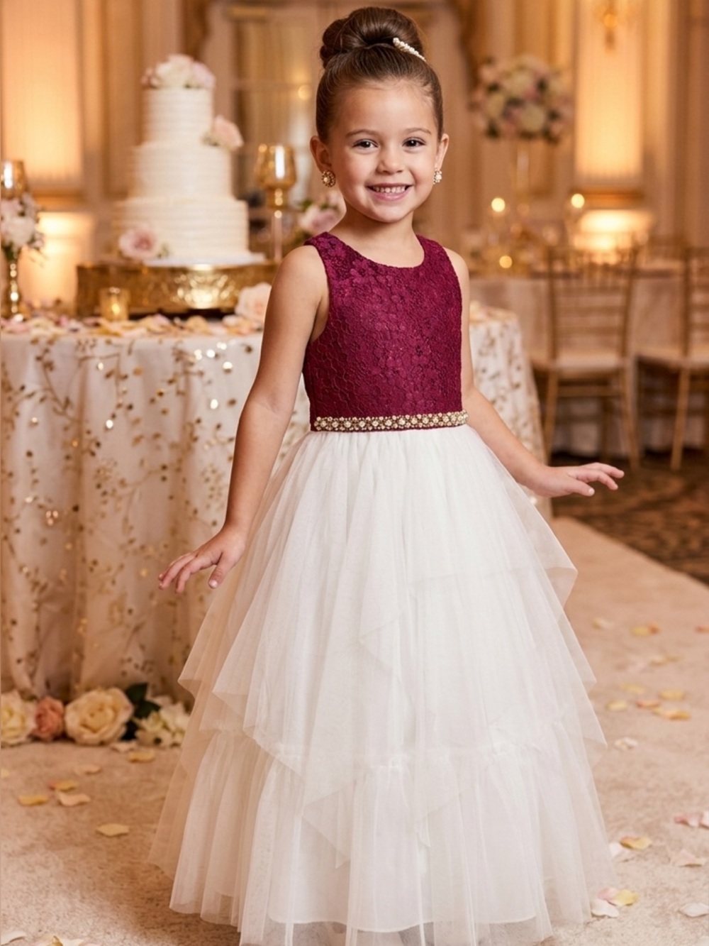 American Princess Red and White Dress Girls Size 8 with Golden Gems.
